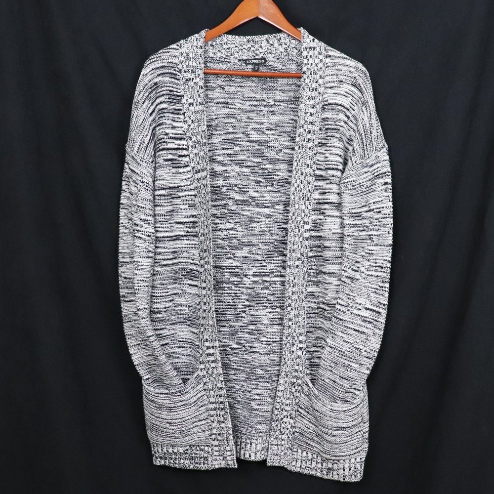 EXPRESS | Open Front Long Cardigan in a marled black and white knit SZ S - Picture 2 of 7